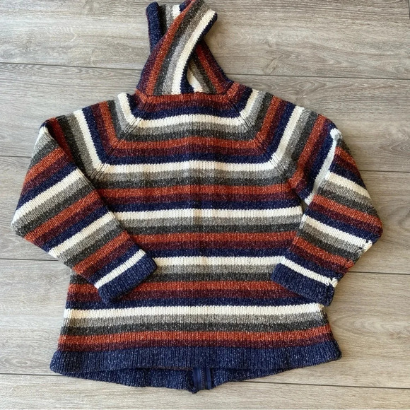 Wool Blend Chunky Knit Striped Boho Hoodie Sweater Jacket - Picture 11 of 12